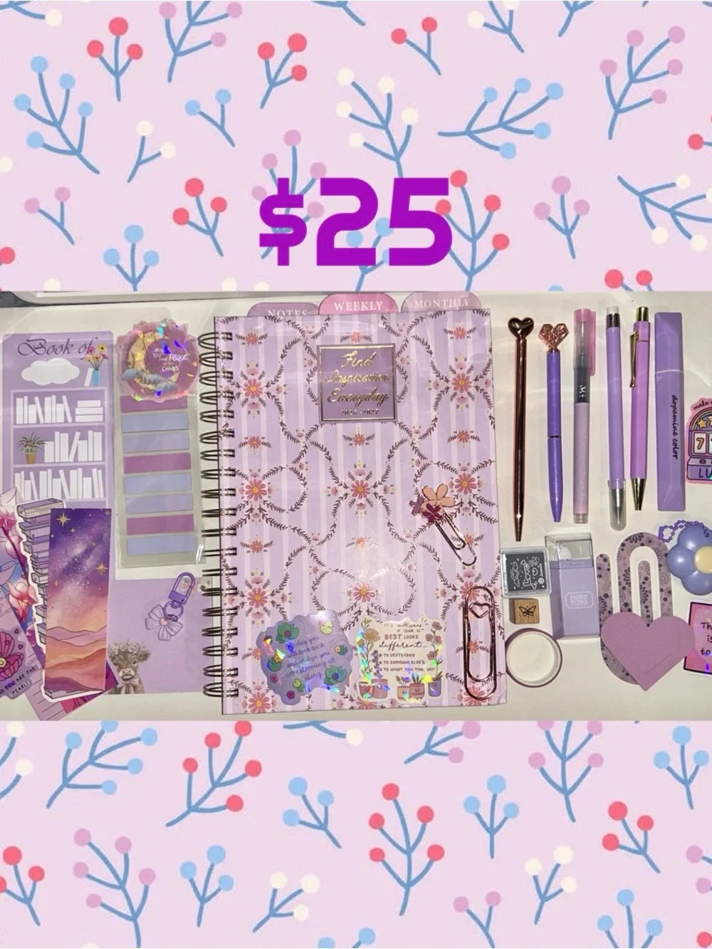 Floral Bee Spiral Planner + Pink Desk Accessory Kit
